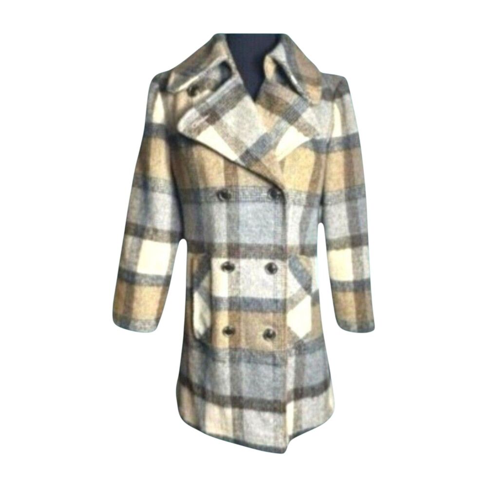 1970s Vintage Plaid Wool Peacoat sz S